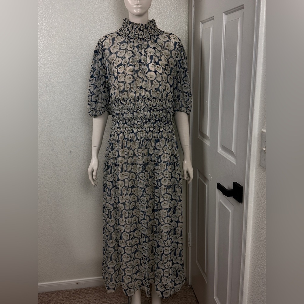 Rebecca Taylor Cottagecore Floral Blue and Cream Long Dress Size 12 F45 - Picture 5 of 16